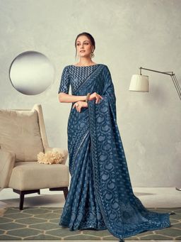 Odette - Navy Blue Colored Brasso Silk Embroidery Saree with Unstitched Blouse