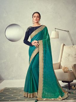 Odette - Turquoise Double Layered Tissue Embroidery Saree with Unstitched Blouse