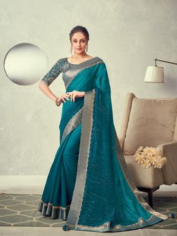 Odette - Teal Blue Colored Double Layered Tissue Embroidery Saree with Unstitched Blouse