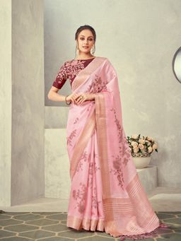 Odette - Pink Colored Printed Tissue Saree with Unstitched Blouse