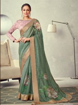Odette - Green Colored Double Layered Tissue Embroidery Saree with Unstitched Blouse