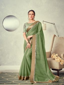 Odette - Green Colored Double Layered Tissue Embroidery Saree with Unstitched Blouse