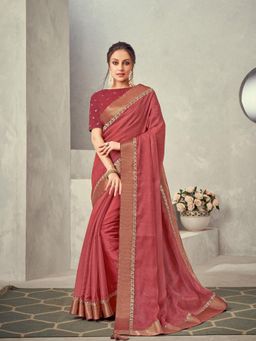 Odette - Red Colored Double Layered Tissue Embroidery Saree with Unstitched Blouse