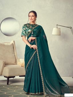 Odette - Teal Green Colored Weaved Tissue Embroidery Saree with Unstitched Blouse