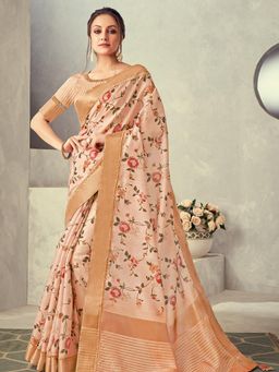 Odette - Peach Colored Weaved Silk Printed Saree with Unstitched Blouse
