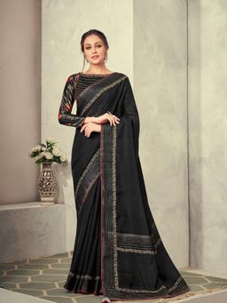 Odette - Black Colored Weaved Silk Embroidery Saree with Unstitched Blouse