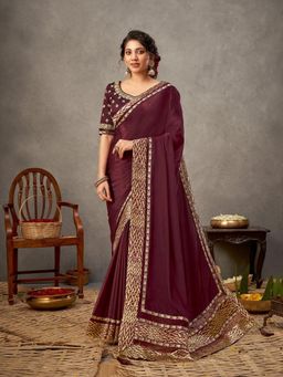 Odette - Wine Satin Silk Saree with Unstitched Blouse