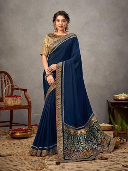 Odette - Navy Blue Satin Silk Saree with Unstitched Blouse
