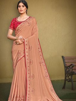 Odette - Peach Colored Silk Georgette Embroidery Work Designer Saree with Unstitched Blouse