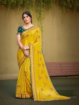 Odette - Yellow Colored Satin Silk Embroidery Work Designer Saree with Unstitched Blouse