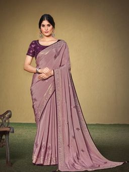 Odette - Mauve Colored Satin Silk Embroidery Work Designer Saree with Unstitched Blouse