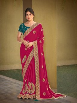 Odette - Red Colored Silk Georgette Embroidery Work Designer Saree with Unstitched Blouse