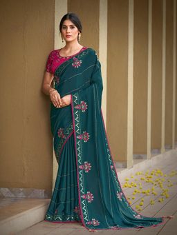Odette - Teal Colored Silk Georgette Embroidery Work Designer Saree with Unstitched Blouse