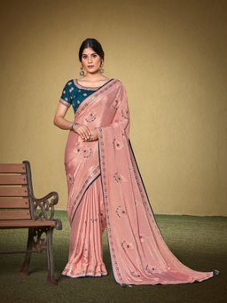 Odette - Pink Colored Satin Silk Embroidery Work Designer Saree with Unstitched Blouse