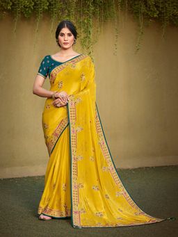 Odette - Yellow Colored Satin Silk Embroidery Work Designer Saree with Unstitched Blouse
