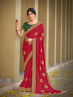 Odette - Red Colored Silk Georgette Embroidery Work Designer Saree with Unstitched Blouse