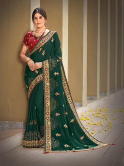 Odette - Emerald Green Colored Silk Georgette Embroidery Designer Saree with Unstitched Blouse