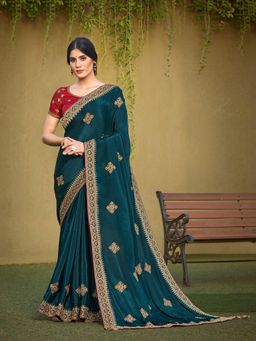 Odette - Teal Blue Colored Satin Silk Embroidery Work Designer Saree with Unstitched Blouse