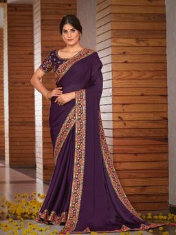 Odette - Purple Colored Satin Silk Embroidery Work Designer Saree with Unstitched Blouse