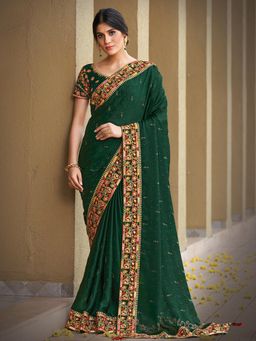 Odette - Green Colored Silk Georgette Embroidery Work Designer Saree with Unstitched Blouse