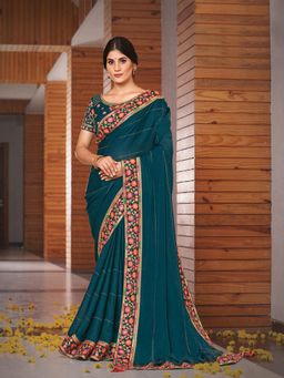 Odette - Teal Blue Colored Silk Georgette Embroidery Work Designer Saree with Unstitched Blouse