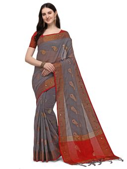 Odette - Grey Colour Banarasi Silk Mirror Work Saree with Unstitched Blouse