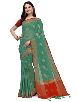 Odette - Green Colour Banarasi Silk Mirror Work Saree with Unstitched Blouse
