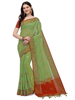 Odette - Pista Colour Banarasi Silk Mirror Work Saree with Unstitched Blouse