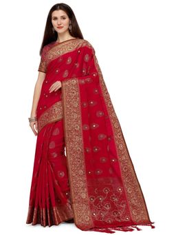 Odette - Cherry Red Colour Banarasi Silk Mirror Work Saree with Unstitched Blouse
