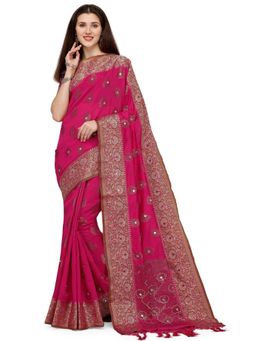 Odette - Hot Pink Colour Banarasi Silk Mirror Work Saree with Unstitched Blouse