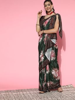 Akhilam - Women's Crepe Green Digital Print Celebrity Saree with Unstitched Blouse