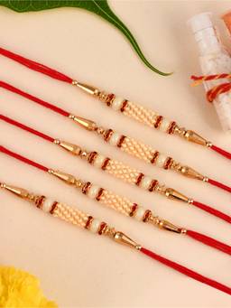 Shoshaa - Red-Off-White Bhai Rakhi with Roli & Chawal (Set of 8)