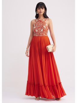 KALKI FASHION - Orange Georgette Embroidered Jumpsuit with Belt