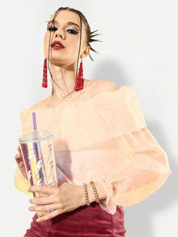 IKI CHIC - Peach Organza Off Shoulder Long Sleeve Top