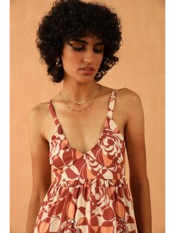 PRIMAL GRAY - Brown Floral Tile B Crepe Midi Dress