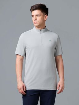 Technosport - Men Grey Textured Half Sleeves High Neck T-shirt