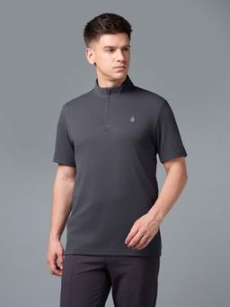 Technosport - Men Grey Textured Half Sleeves High Neck T-shirt