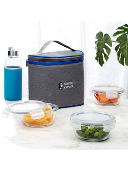 HomeTown - Delta Borosilicate Glass Microwave Safe Round Lunch Box 400ml Set of 3 Grey