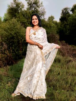 APAAPI THREADS OF GLORY - White Chinon Saree Zari Border with Unstitched Blouse