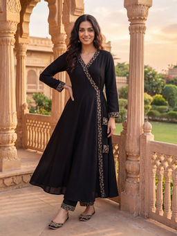 Vaamsi - Women Black Poly Georgette Solid Angarkha Kurta Pant with Dupatta (Set of 3)