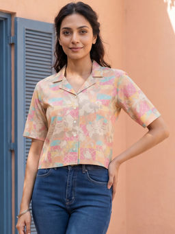 Vaamsi - Peach Cotton Blend Abstract Printed Crop Shirt