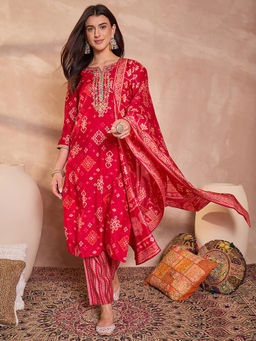 Vaamsi - Red Silk Blend Printed Ethnic Motifs Kurta with Pant & Dupatta