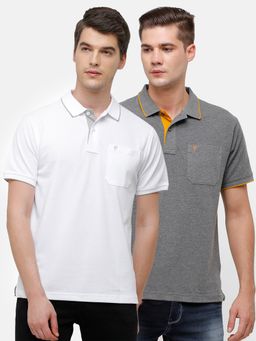 Classic Polo - Men Solid Grey & White Cotton Blend Regular Fit Polo T-Shirts (Pack of 2)