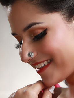 Sheer by Priyaasi - Oxidised Silver Stone Studded Floral Nose Pin