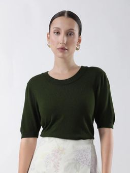 RAREISM - Women Rohrdo Green Plain Crew Neck Plain Sweater