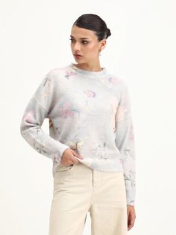 RAREISM - Womens Siriko Light Blue Acrylic Blend Fabric Crew Neck Floral Print Sweater