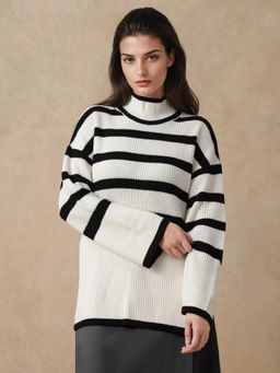 RAREISM - Women Titania Black Acrylic Fabric Oversized Fit Stripes Sweater