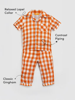 Somersault - Orange Ocean Gingham Cotton Checks Shirt with Pyjama (Set of 2)