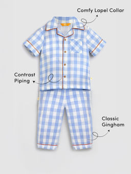 Somersault - Blue Ocean Gingham Cotton Checks Shirt with Pyjama (Set of 2)