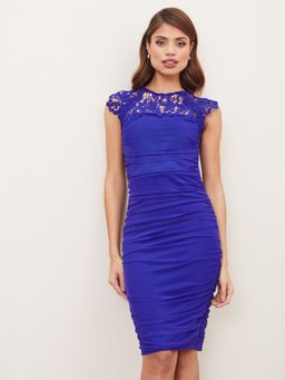 Lipsy - Ruched Lace Top Blue Bodycon Dress